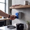 Venkovní vodotěsná nástěnná zásuvka 2× EU 16A 220–250V, 130×80×85 mm, ABS plast, šedo-modrá, na dům, garáž, dílnu i nabíjení auta 4