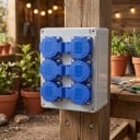 Venkovní vodotěsná nástěnná zásuvková skříň 6 zásuvek EU 16A 220V ABS šedá s modrými zásuvkami 200×150×100 mm pro garáž a nabíjení auta 4