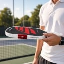 Verlengde pickleball racket Dikte 16 mm Hoge rotatiecontrole Donker met rode motieven en witte rand Voor training en toernooien 5