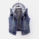 Vesta din denim pentru femei cu capușon și șnururi Închidere cu nasturi Două buzunare cu clapă Aspect spălat Material denim 2