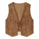Vesta din piele întoarsă pentru femei cu model floral brodat și cusături decorative pe margini, cu legare cu șnur și decolteu adânc în formă de V 5
