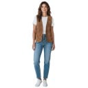 Vesta din piele întoarsă pentru femei cu model floral brodat și cusături decorative pe margini, cu legare cu șnur și decolteu adânc în formă de V 1