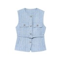 Vestă elegantă pentru femei, uni, cu curea și buzunare pe piept, decolteu rotund, închidere cu nasturi, vestă din poliester stilată, disponibile în diverse culori 6