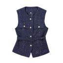 Vestă elegantă pentru femei, uni, cu curea și buzunare pe piept, decolteu rotund, închidere cu nasturi, vestă din poliester stilată, disponibile în diverse culori 1