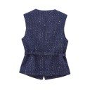 Vestă elegantă pentru femei, uni, cu curea și buzunare pe piept, decolteu rotund, închidere cu nasturi, vestă din poliester stilată, disponibile în diverse culori 3