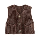 Vestă elegantă tricotată pentru femei cu decolteu în V și buzunare Vestă uni cu închidere cu nasturi Pulover confortabil din poliester în diverse culori 15