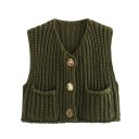 Vestă elegantă tricotată pentru femei cu decolteu în V și buzunare Vestă uni cu închidere cu nasturi Pulover confortabil 10