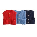 Vestă elegantă tricotată pentru femei cu decolteu în V și buzunare Vestă uni cu închidere cu nasturi Pulover confortabil 19