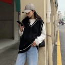 Vesta tricotată pentru femei fără mâneci Croi oversized liber Decolteu în V cu dungi contrastante Margini ribbate Amestec de poliester 3
