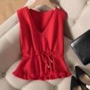 Vesta tricotată pentru femei fără mâneci cu decolteu adânc în V Legare pe sfoară în talie Volan pufoasă Tricot din poliester cu dungi fine 4