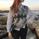 Vesta tricotată pentru femei fără mâneci cu decolteu în V Bandă de romburi pe piept Tiv din tricotat Tricot din acril Potrivită 4