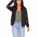 Veste bomber femme de printemps et d'automne avec des manches en dentelle transparentes Fermeture éclair Col montant Coupe ajustée Polyester 2