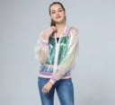 Veste bomber légère transparente pour femmes avec un éclat nacré irisé Fermeture éclair Col à côtes rayé pastel, poignets et ourlet Polyester 1