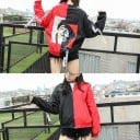 Veste bomber pour femmes au style hip-hop Design bicolore Imprimé avec portrait au dos Rubans sur les manches Coupe ample Polyester et coton 7