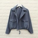 Veste courte de printemps pour femmes avec large col Deux grandes poches à rabat Fermeture par boutons métalliques Cordon de serrage 5