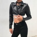 Veste courte femme style motard en simili cuir noire Coupe crop Col à revers avec pressions Épaulettes Zips aux manches Pour la ville et le soir 3