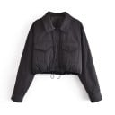 Veste courte pour femme avec col chemise et doublure matelassée Ourlet ajustable avec cordon Deux poches poitrine à rabat Polyester et coton Noir 1