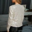 Veste courte pour femme avec des paillettes en rangées verticales Sans col avec décolleté rond Manches longues Coupe cintrée Polyester 5