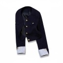 Veste courte pour femme sans col avec boutons dorés Manches à rayures Tissu structuré Polyester et coton Bleu marine Pour le travail et la ville 8