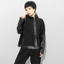 Veste d'automne pour femme noire Col montant Deux zips à l'avant Manches et ourlet en simili cuir Coupe ample Polyester et coton 2
