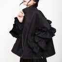 Veste d'automne pour femmes noire Manches larges avec volants Col montant Fermeture éclair Coupe ample et évasée Polyester avec coton 3