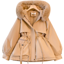 Veste d'hiver pour femmes avec capuche en fourrure Fermeture éclair et boutons pression Cordon de serrage à la taille Confection en polyester Poches pour les mains Veste chaude et stylée pour l'hiver 3