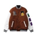 Veste de baseball avec écussons à lettres sur la poitrine Écussons décoratifs sur les manches Bords rayés Cuir avec boutons-pression Coton 2