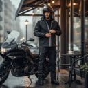 Veste de moto imperméable avec capuche et pantalons Unisexe Matériau PU et TPU Noir avec rayures blanches Imperméable pour motard 11