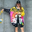Veste de printemps pour femmes oversize avec capuche Imprimé coloré avec un ours et des inscriptions Fermeture éclair Manches et ourlet élastiques 5