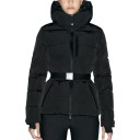 Veste de ski d'hiver pour femmes avec capuche et ceinture à la taille, matelassée, avec fermeture éclair et poches zippées et ouvertures 3