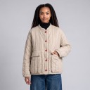 Veste de transition pour femmes avec col montant, veste beige matelassée avec des boutons en tissu rouge et des poches à rabat, coupe ample 2