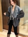 Veste en jean oversize pour femmes avec manches en tricot Combinaison de denim et de tricot gris Poches poitrine à rabat Coupe allongée Polyester 2