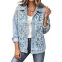 Veste en jean pour femme avec dentelle transparente à boutons avec col et dos en dentelle coupe ample veste bleue pour la ville et les sorties 1