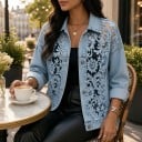 Veste en jean pour femme avec dentelle transparente à boutons avec col et dos en dentelle coupe ample veste bleue pour la ville et les sorties 7