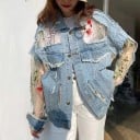 Veste en jean pour femme avec des parties transparentes et broderie florale Manches et dos en maille Bords effilochés Coupe oversize Polyester 4