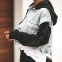 Veste en jean pour femme, courte, avec manches noires et capuche Denim bleu clair Bord inférieur effiloché Aspect déchiré Poches poitrine Coton 4