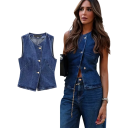 Veste en jean sans manches pour femmes avec boutons en coton polyester bleu pour un usage quotidien et un superposition en ville 5