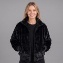 Veste en polaire pour femme avec col montant zippé noire veste pelucheuse avec deux poches latérales et des poignets et un bas côtelés 2