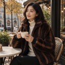 Veste en polaire pour femmes avec col montant zippé et motif rayé marron, veste pelucheuse avec des poignets côtelés noirs et des poches latérales 7