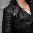 Veste en simili cuir pour femme Noir Fermeture éclair oblique Épaules et manches matelassées Fermetures éclair aux manches Sangles à boucle 6