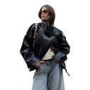 Veste en simili cuir pour femmes avec col montant et fermeture asymétrique, avec un ourlet élastique et des poches à coupe décontractée 12