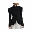 Veste Femme avec Col Montant et Épaules Bouffantes Fermeture à 4 Boutons Coupe Cintrée Ourlet Arrondi Polyester Noir Pour le Bureau 1