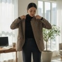 Veste femme avec col montant Fermeture asymétrique Coupe plus ample et plus longue Poches à rabat Polyester Beige à motif écossais Pour le travail 9