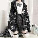 Veste femme de printemps et d'automne avec capuche à zip Noir avec motif blanc d'ours en peluche et de ciseaux Coupe oversize ample Longueur 2