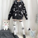 Veste femme de printemps et d'automne avec capuche à zip Noir avec motif blanc d'ours en peluche et de ciseaux Coupe oversize ample Longueur 5