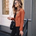 Veste femme en simili cuir avec col montant et fermeture éclair Coupe ajustée Manches longues et étroites Longueur courte Style 13