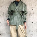 Veste femme en simili cuir style trench-coat court Vert-gris Coupe ample Ceinture à nouer à la taille Épaules Raccords avec boucles 4