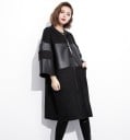 Veste longue noire pour femmes avec des parties en simili cuir Coupe ample Col montant côtelé Fermeture éclair Manches larges trois-quarts Coton et PU 4