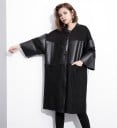 Veste longue noire pour femmes avec des parties en simili cuir Coupe ample Col montant côtelé Fermeture éclair Manches larges trois-quarts Coton et PU 5