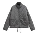 Veste matelassée grise pour femme avec col montant Veste légère de printemps zippée Veste de transition élégante avec poches Ourlet inférieur 1